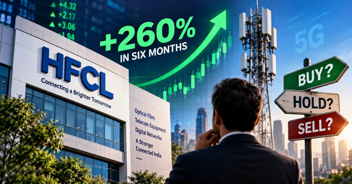 HFCL Share Price jumps over 260% in six months, shown with HFCL headquarters, telecom tower, rising green stock chart, and investor weighing buy, hold or sell decisions.