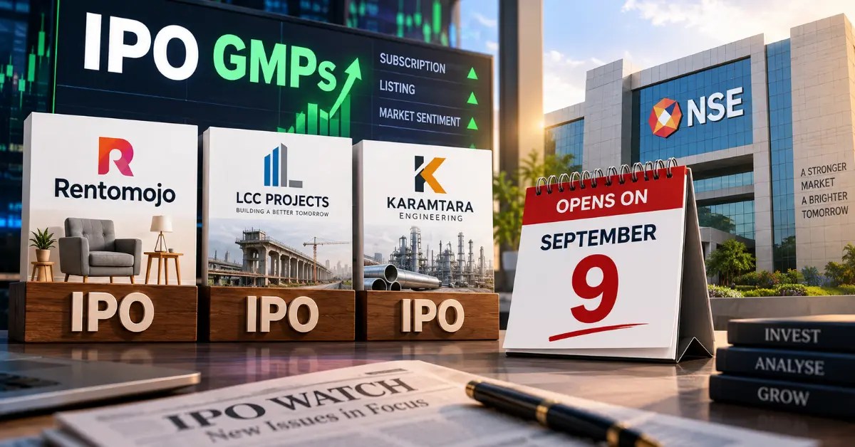 IPO GMPs image featuring Rentomojo, LCC Projects and Karamtara Engineering as their IPOs open on September 9, with NSE and stock market visuals.