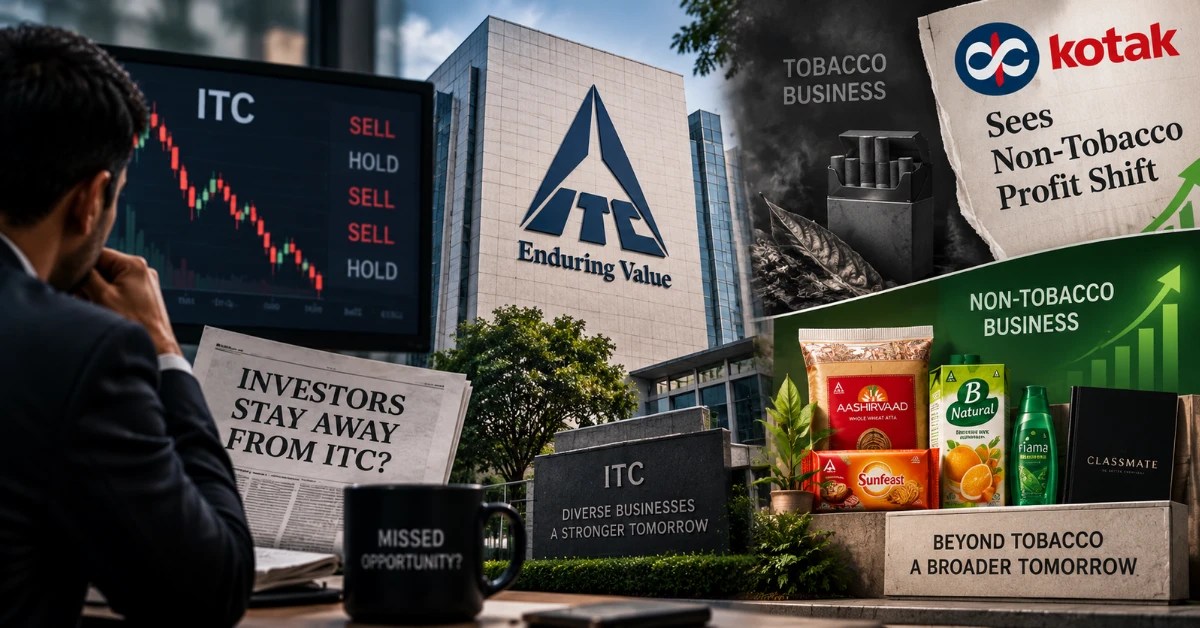 ITC Stock diversified businesses, an investor watching a falling stock chart, and a Kotak report highlighting a shift toward non-tobacco profits.
