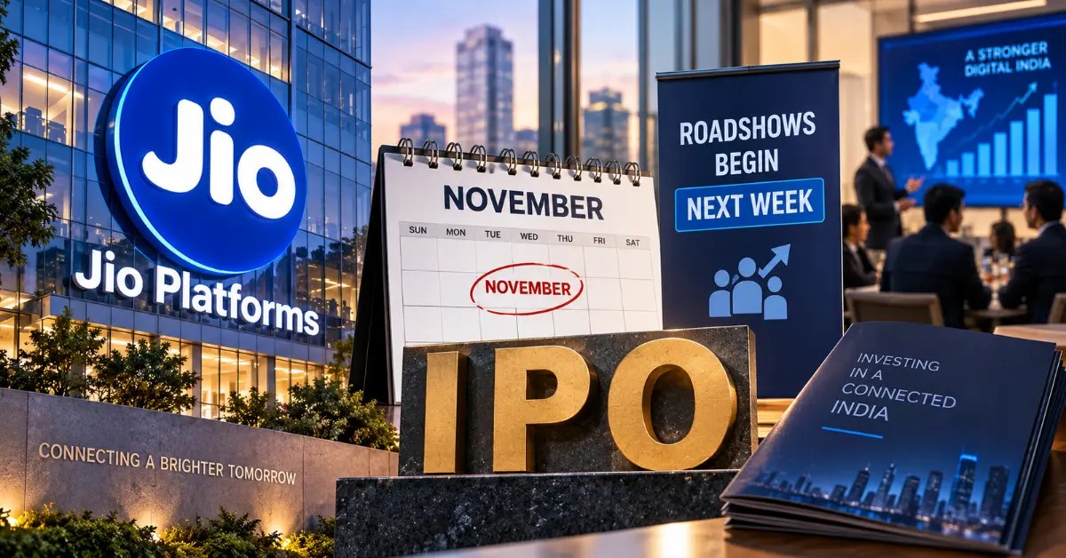 Jio Platforms IPO concept image showing the Jio logo, November IPO timeline, and investor roadshows beginning next week.