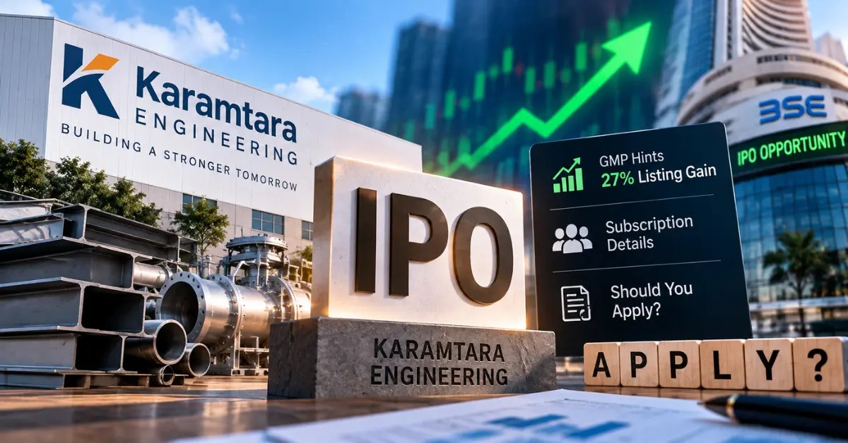 Karamtara Engineering IPO GMP hints at a 27% Day 1 listing gain, with subscription details and IPO application decision shown alongside the company’s engineering facility and stock market visuals.