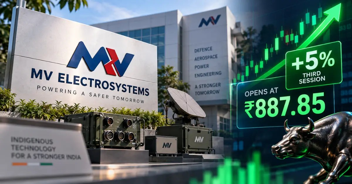 MV Electrosystems share price rises 5% for the third session, opening at ₹887.85 amid strong bullish market momentum.