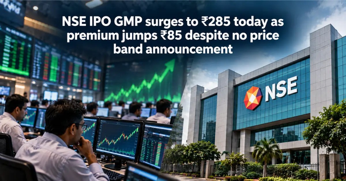 NSE IPO GMP visual with National Stock Exchange facade and trading floor indicating premium demand