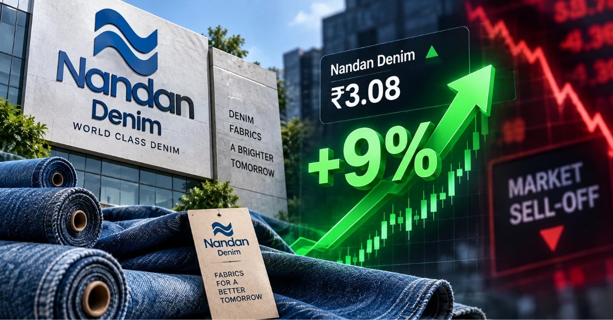 Nandan Denim share price jumps 9% to ₹3.08, with a green upward arrow and rising stock chart contrasting against a broader market sell-off.