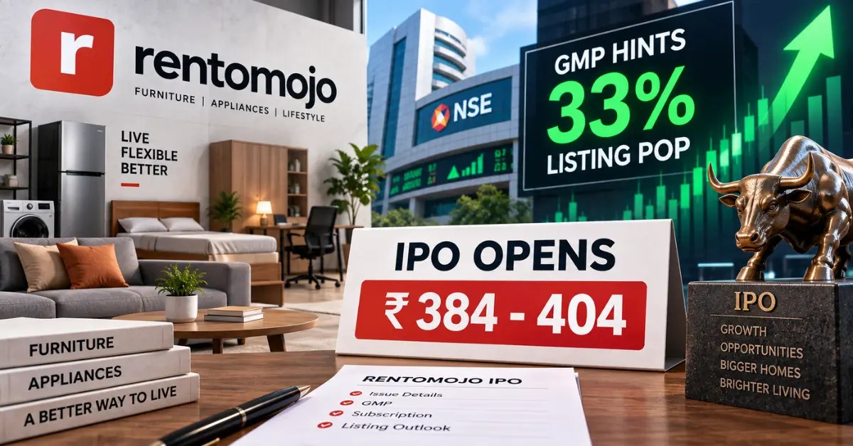 Rentomojo IPO opens at ₹384–404 as GMP signals a potential 33% listing gain, with a bullish stock market backdrop and Rentomojo furniture and appliances.