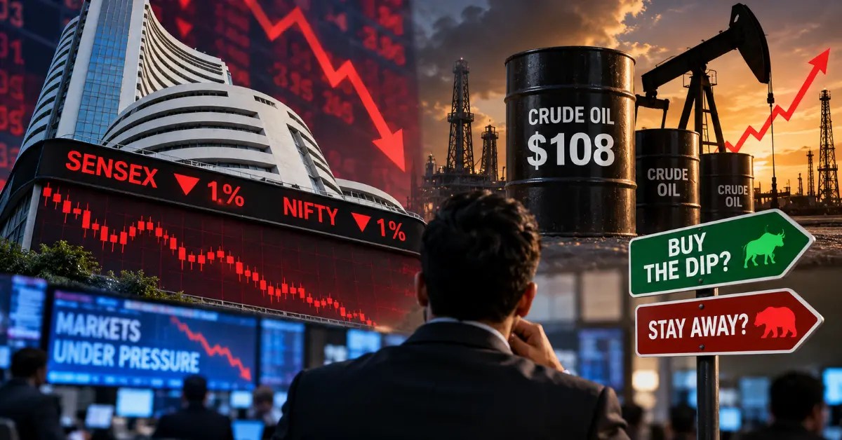 Sensex Nifty fall 1% as crude oil hits $108, with investors weighing whether to buy the dip or stay away amid market pressure.