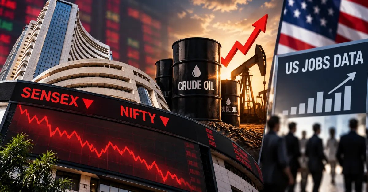 Sensex Nifty Outlook markets fall amid rising crude oil prices and strong US jobs data, featuring the BSE building, a red declining market chart, oil barrels and pumpjacks, and a US employment growth graphic.