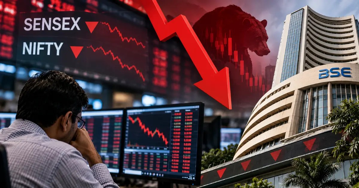 Sensex falls sharply as Indian stock market declines, with red trading screens, a downward arrow, a bear symbol and the BSE building.
