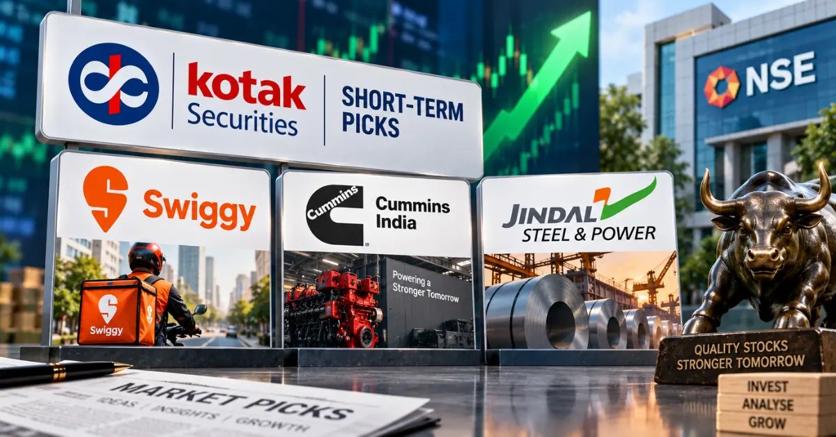 Swiggy stock leads Kotak Securities’ short-term stock picks, alongside Cummins India and Jindal Steel, with a bullish market backdrop and NSE building.