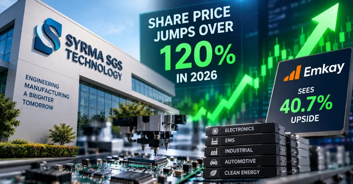 Syrma SGS Technology share price surge in 2026, with a 120% gain and Emkay projecting 40.7% upside.