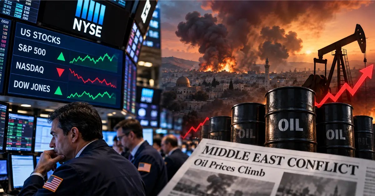 US stock market shows mixed trading as Middle East conflict fuels a sharp rise in oil prices, with traders, oil barrels, a pumpjack and a rising price chart.