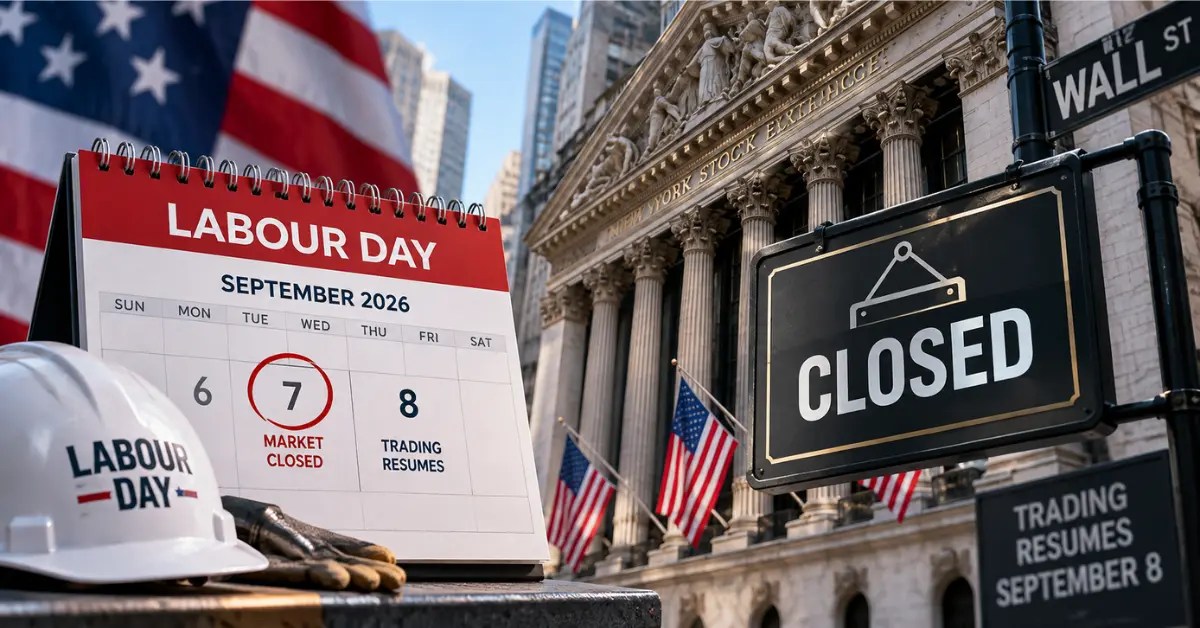US stock market closed for Labour Day 2026, featuring the New York Stock Exchange, a Labour Day calendar marked September 7, and a sign showing trading resumes September 8.