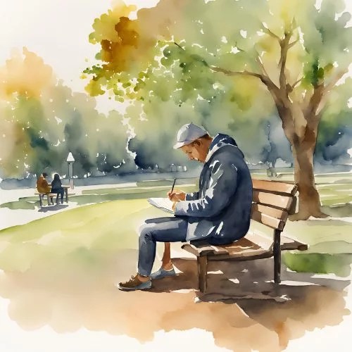 Ha&iuml;ku et &eacute;criture attentive : exprimez-vous librement avec des arts spontan&eacute;s. Aquarelle de jeune homme sur un banc dans un parc qui &eacute;crit sur un carnet