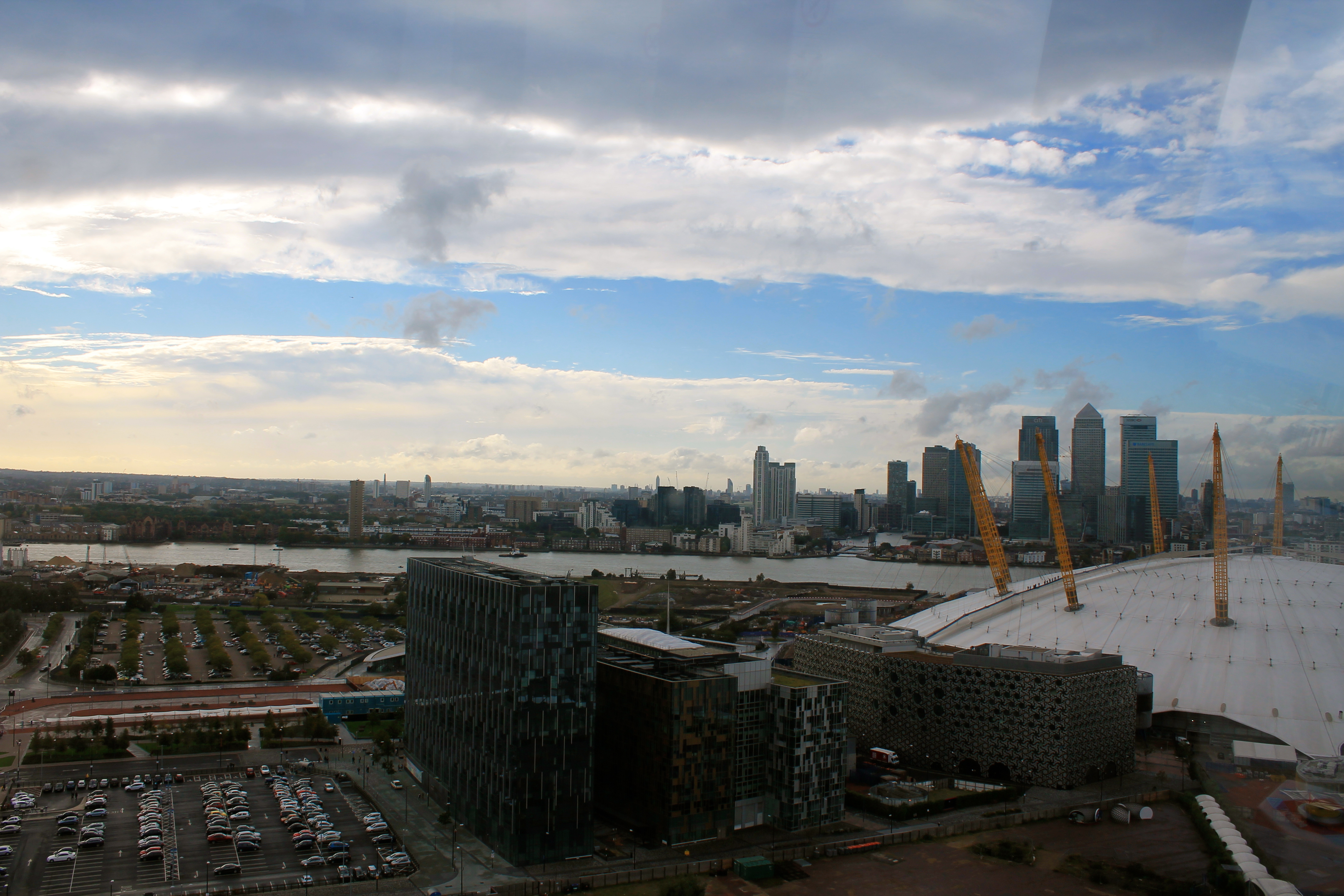 The view of the O2 and Canary Wharf, with the Square Mile in the background