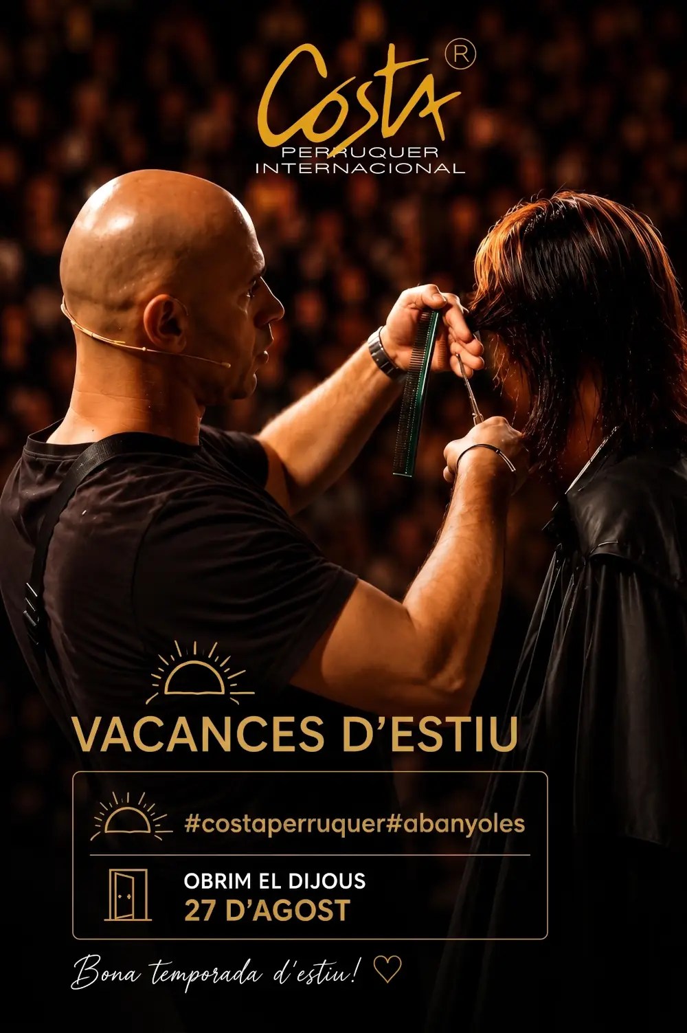 Costa Perruquer tallant cabells en un cartell de vacances d’estiu