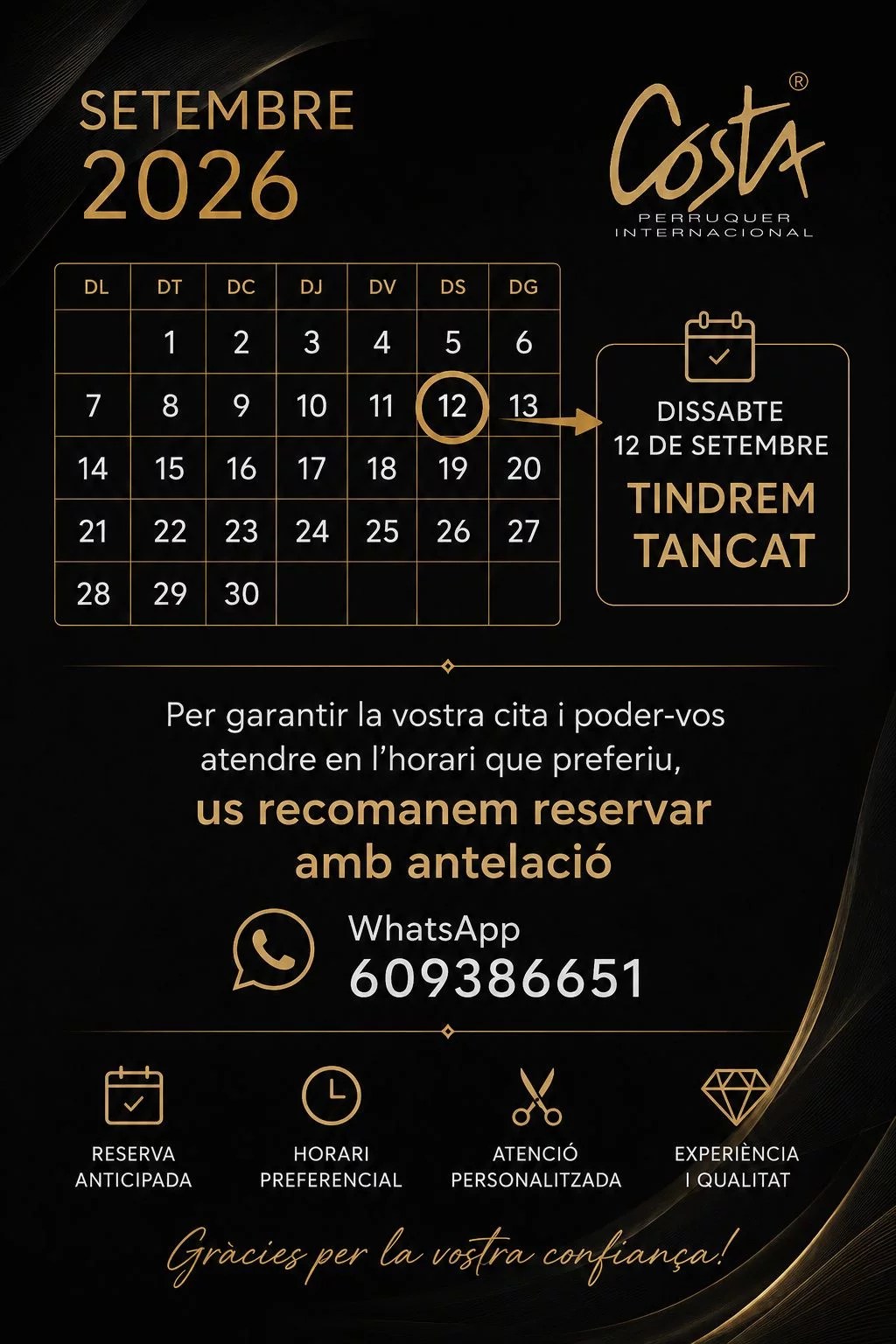 Avís de tancament de Costa Perruquer el 12 de setembre