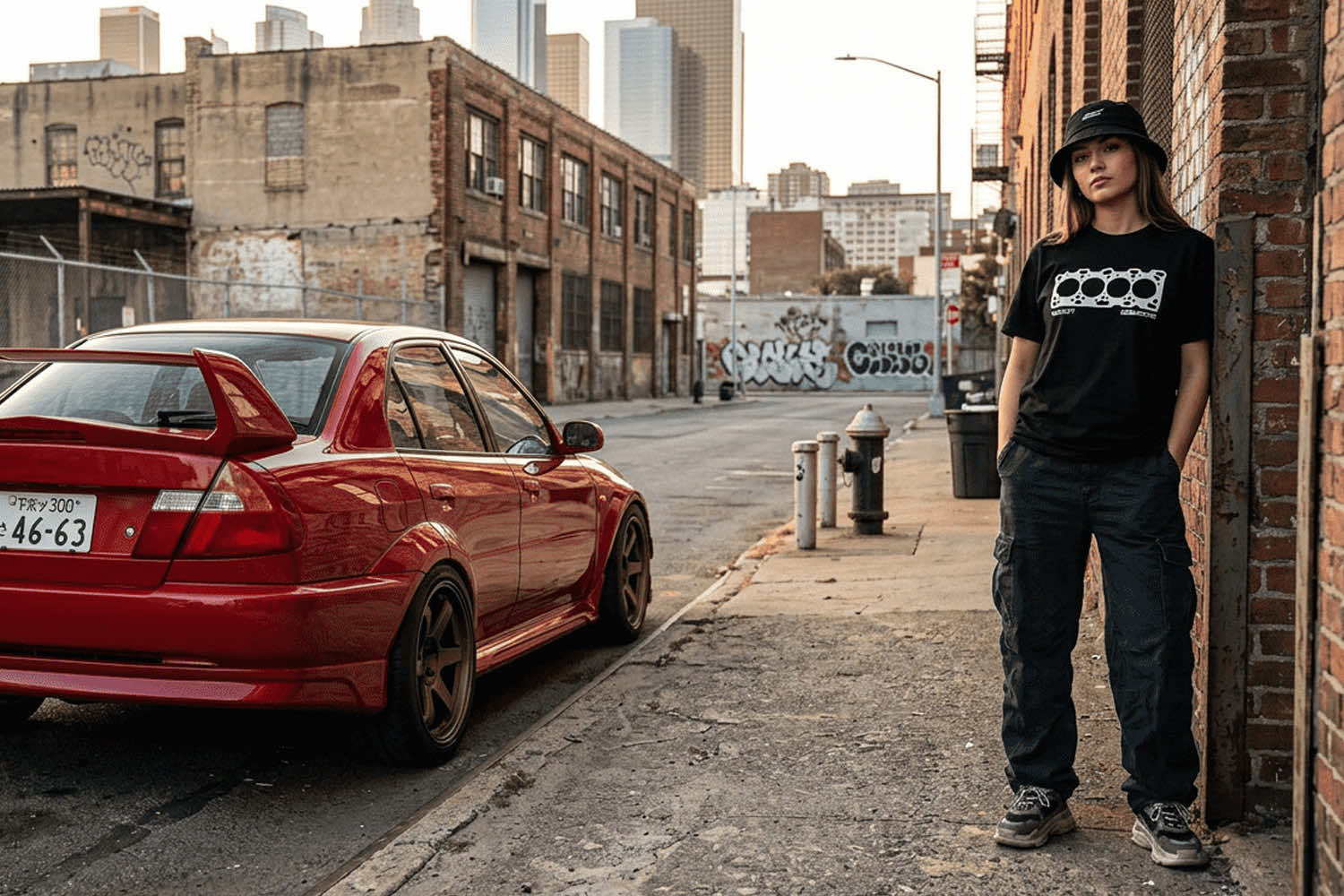 Flat lay of JDM apparel including a graphic tee and hoodie