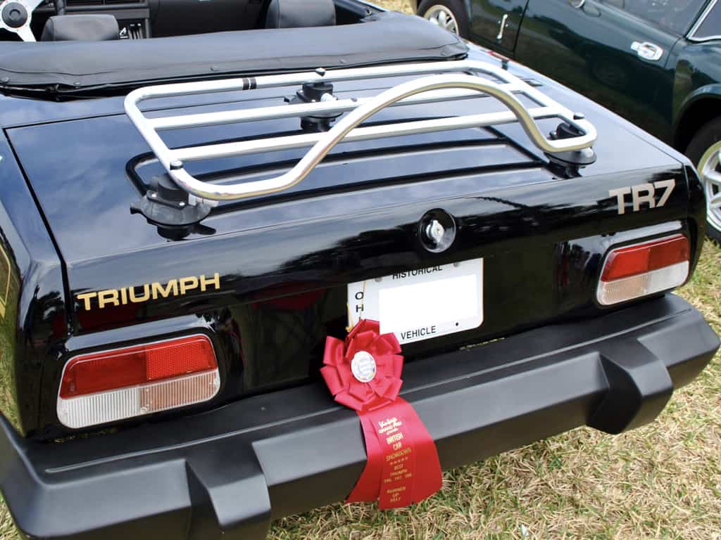 black triumph tr7 convertible boot lid with a revo-rack luggage rack fitted