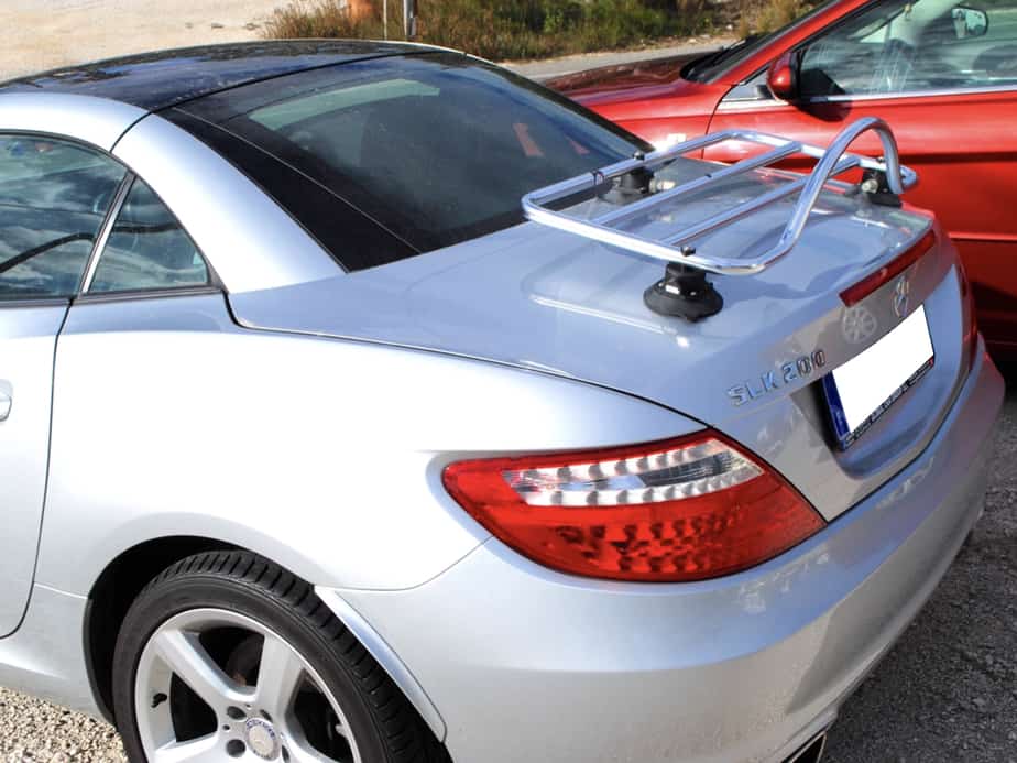 side view of a mercedes slk 200 with a stainless steel luggage rack fitted