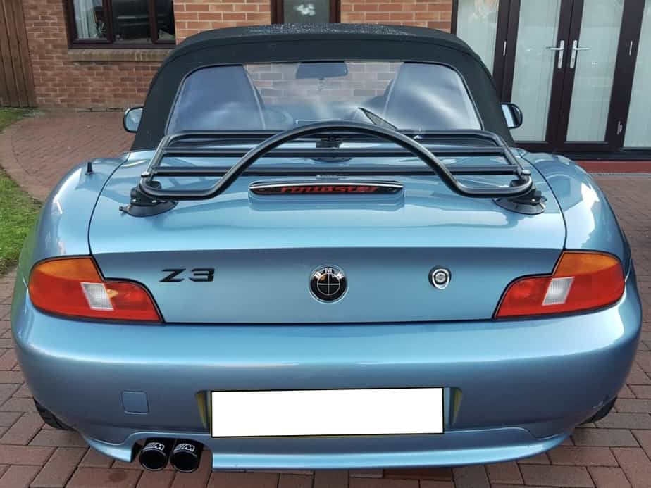 rear view of a blue bmw z3 with a revo-rack black luggage rack fitted