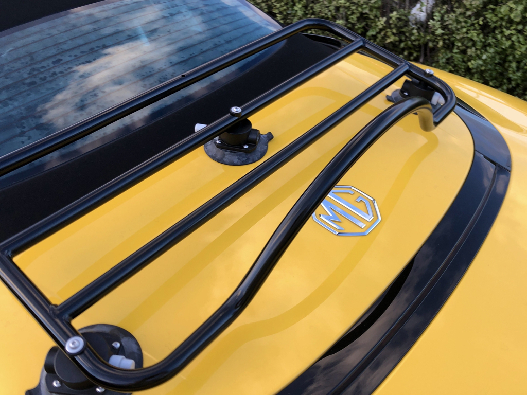 Yellow MG Cyberster with a Revo-Rack Luggage Rack fitted photographed close at the rear