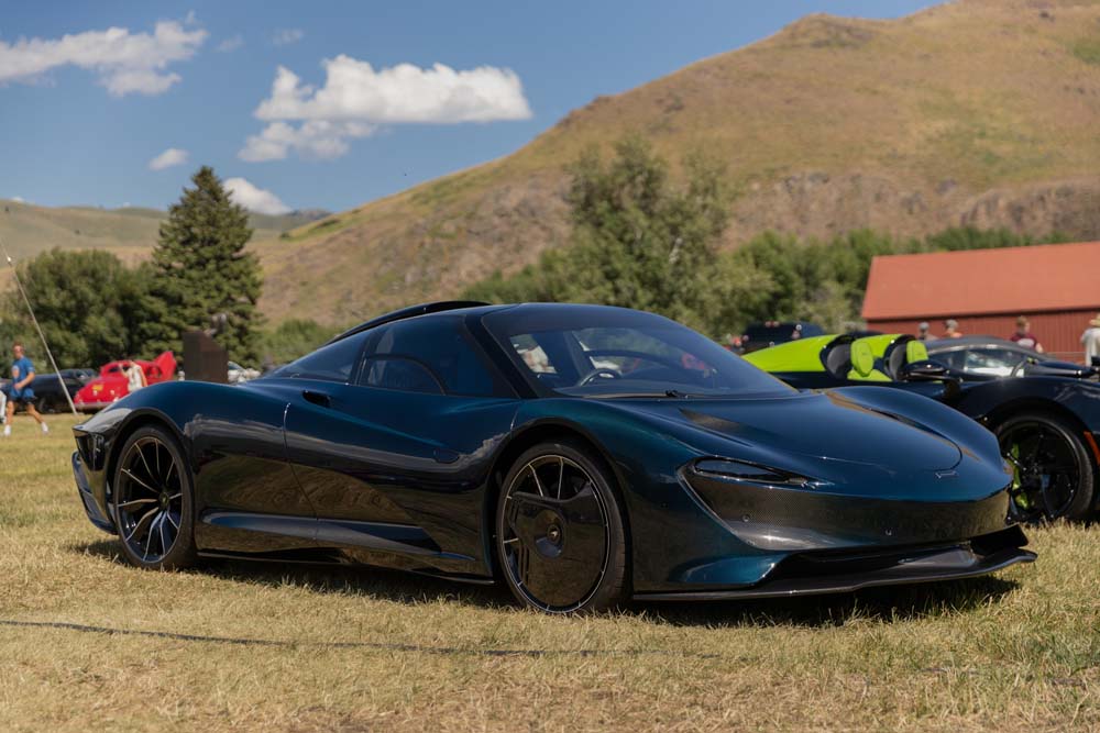 McLaren Speedtail Front 3/4 side profile parked in grass in Sun Valley, Idaho