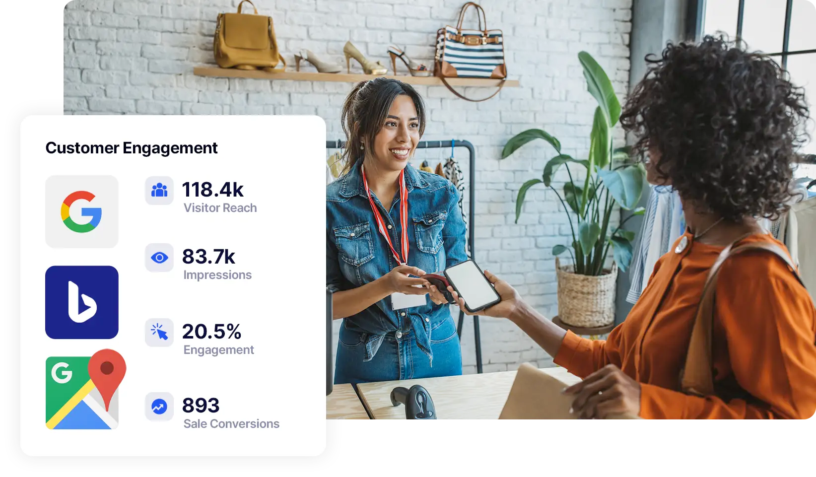 A Woman Holding A Phone To Another Woman At A Counter In A Store Showing Benefits Of Retail Marketing Services