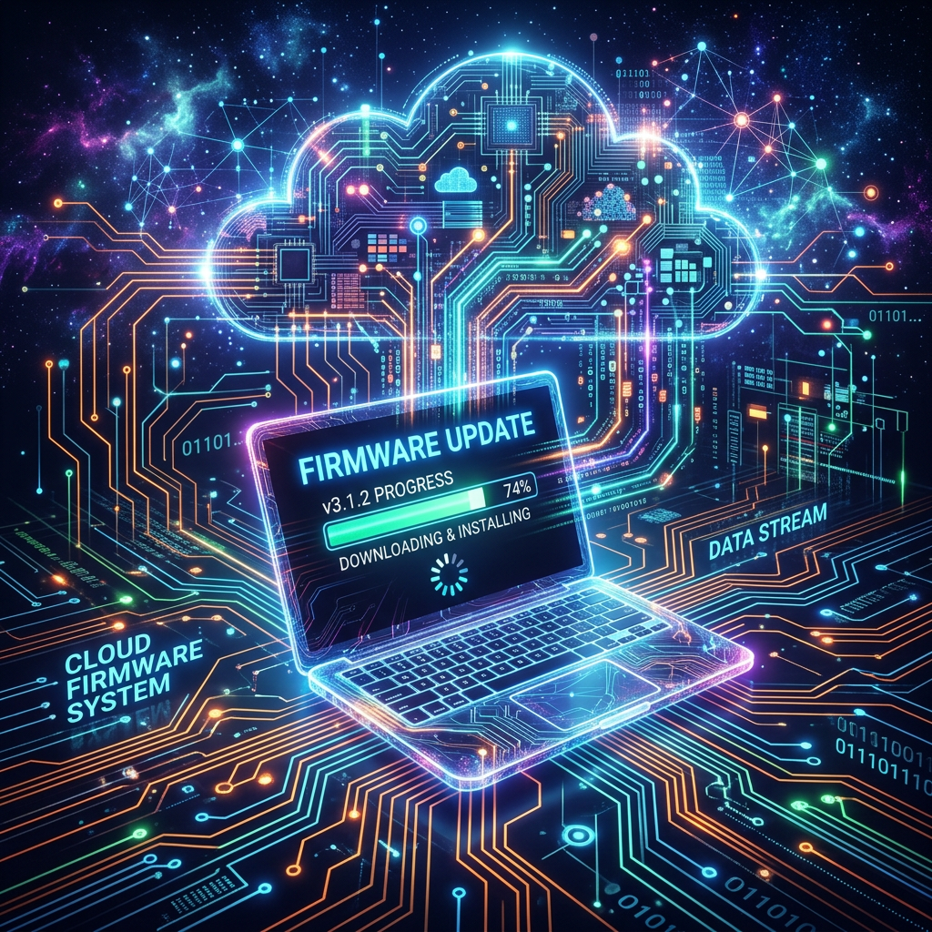 Laptop screen showing firmware update progress with cloud data connections