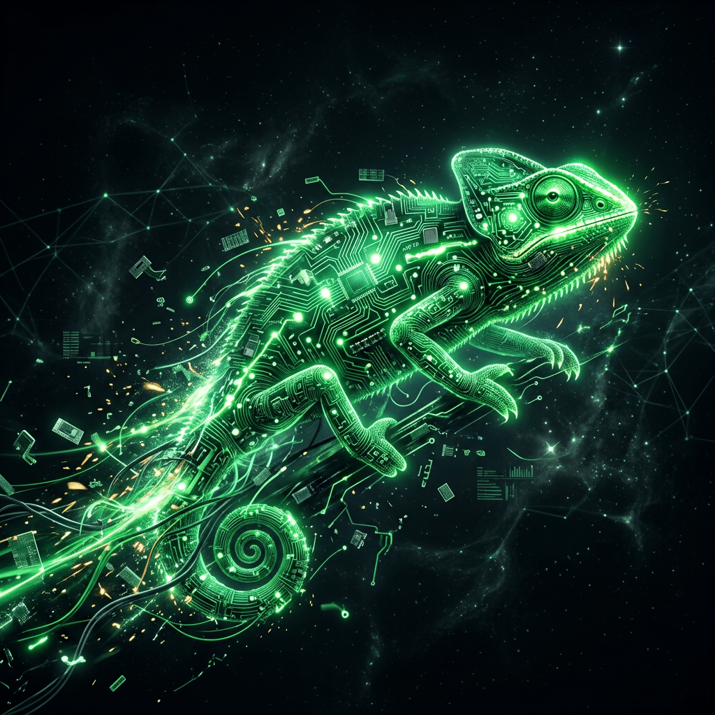 Neon green chameleon with circuit board design in space