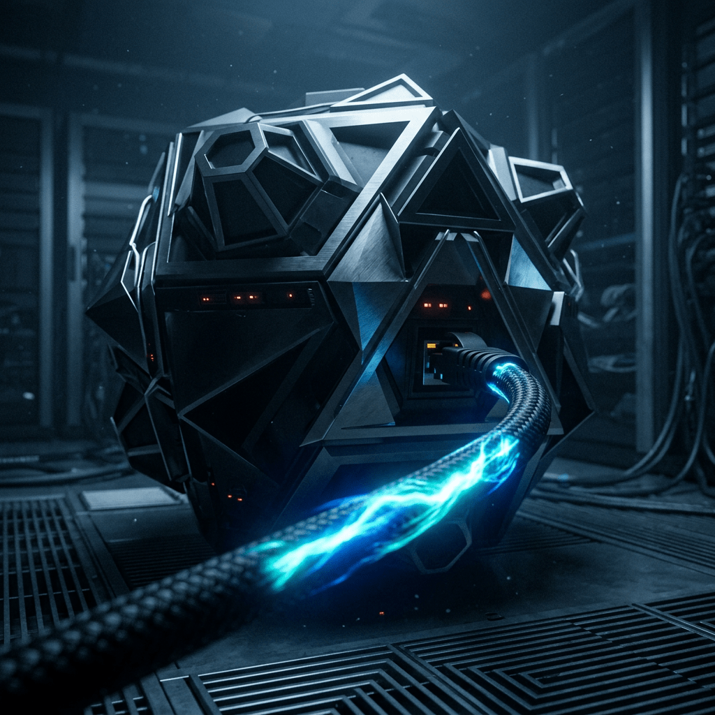 Geometric black device with glowing blue power cable in server environment