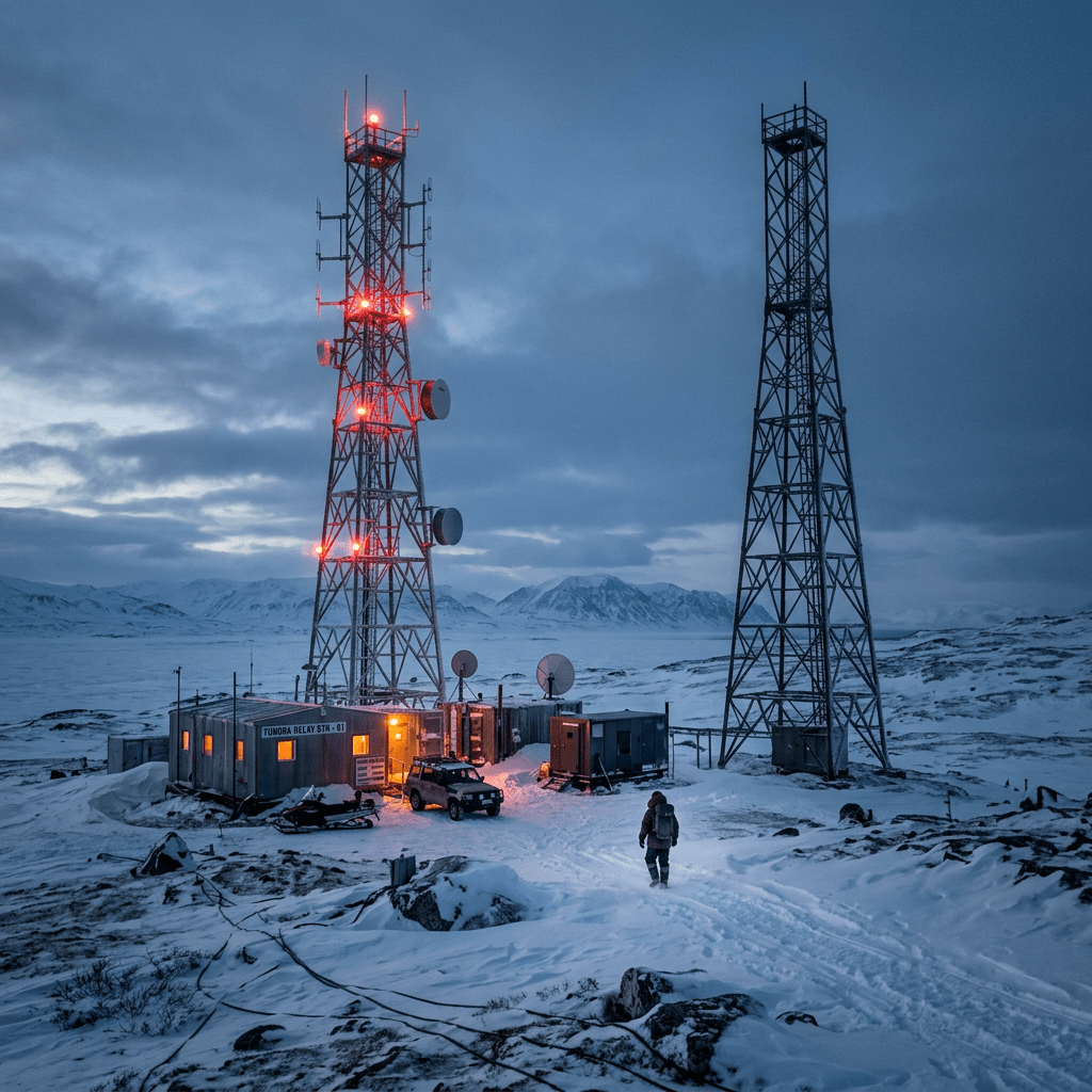 Communication relay station with tall antennas and red lights in snowy Arctic landscape