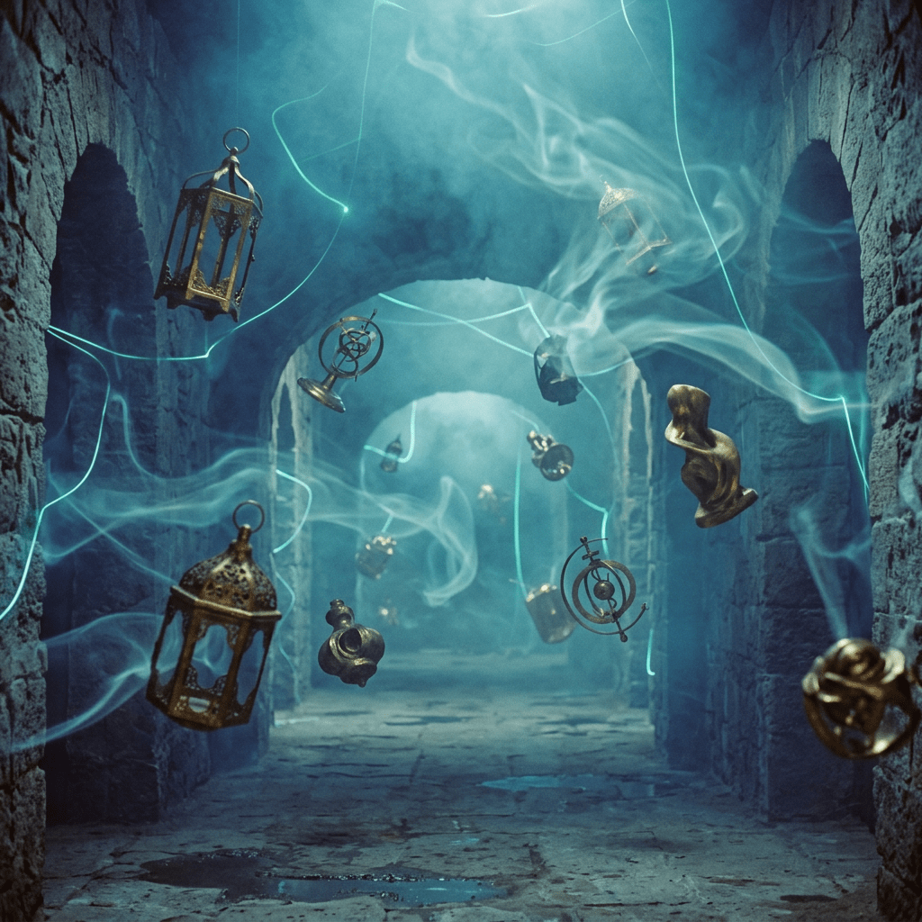 Antique brass objects floating in a misty stone arch corridor