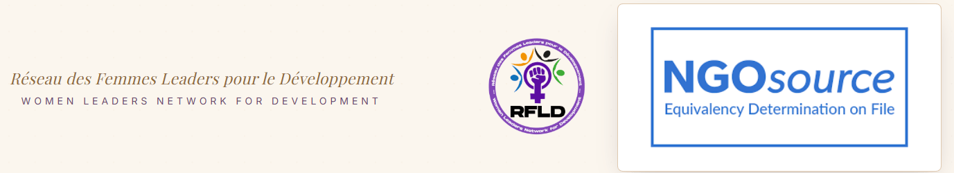 Logo and text for the Women Leaders Network for Development in French and English, featuring an emblem with a raised fist and diverse figures.