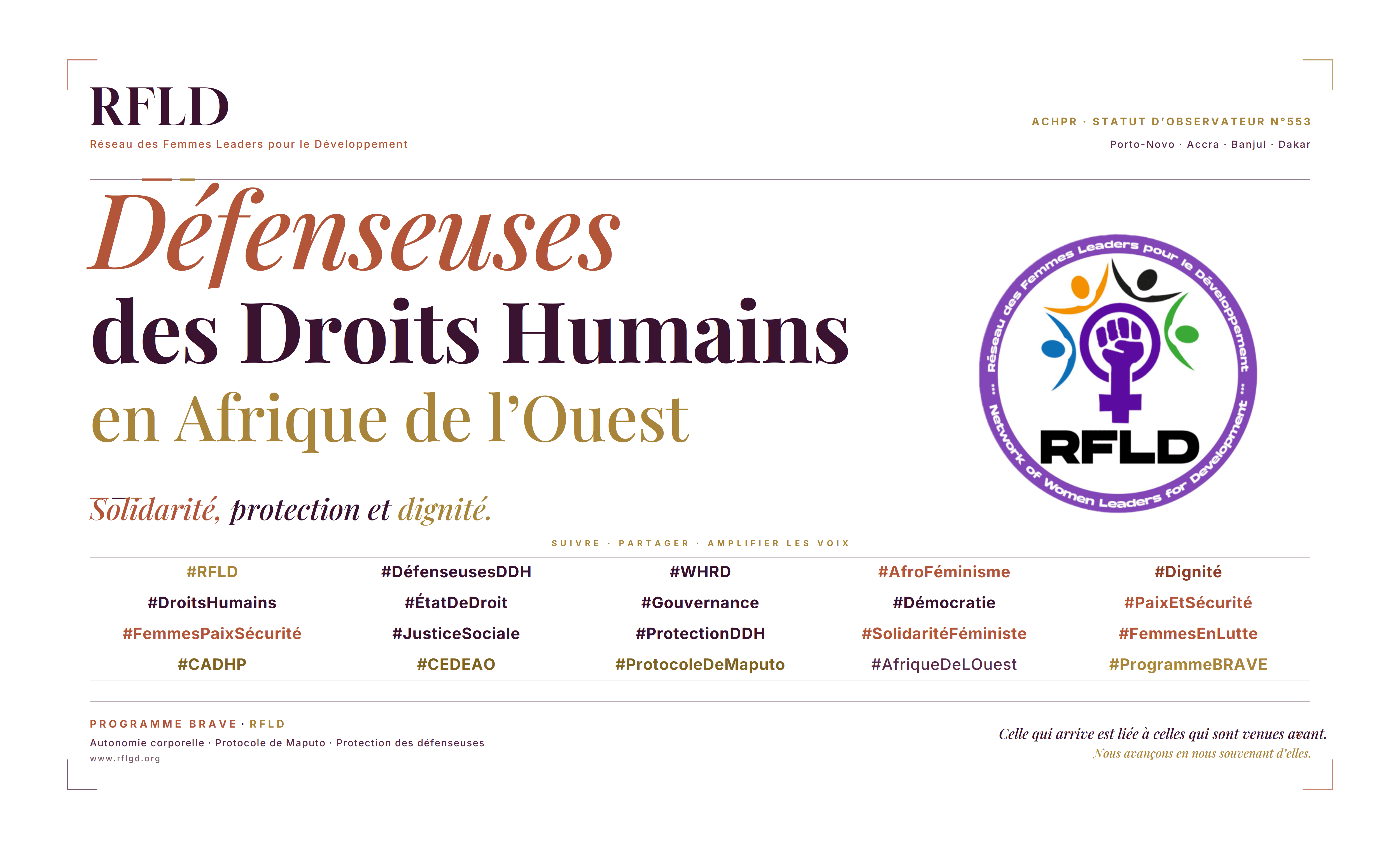 Graphic promoting the RFLD, focusing on women human rights defenders in West Africa. The design features hashtags related to human rights, feminism, and solidarity.