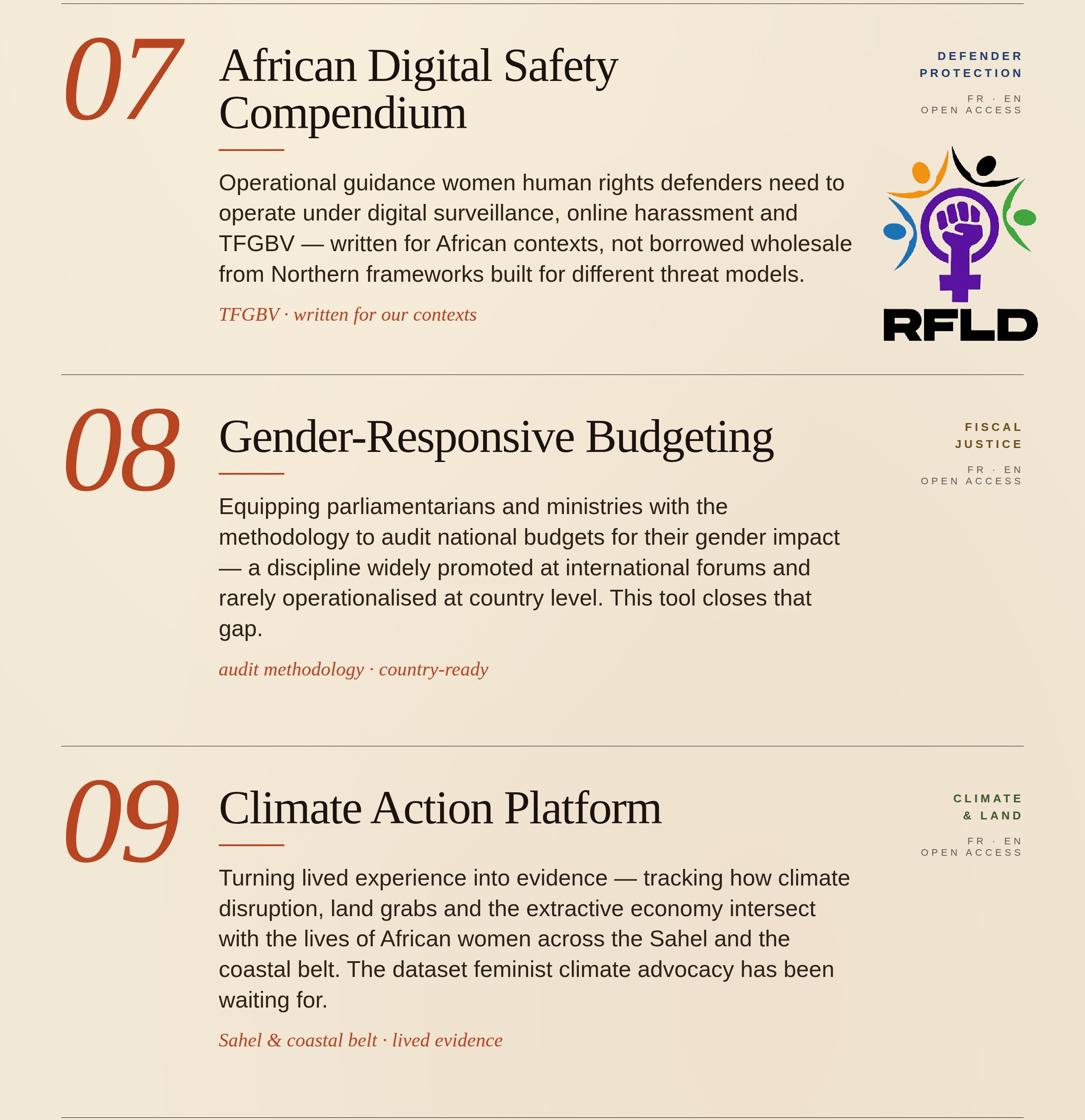 An infographic detailing three initiatives: the African Digital Safety Compendium, Gender-Responsive Budgeting, and Climate Action Platform, highlighting their focus on women's rights and gender impact in various contexts.