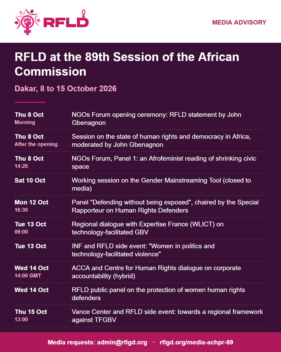 RFLD programme at the 89th Session of the African Commission, Dakar, 8 to 15 October 2026