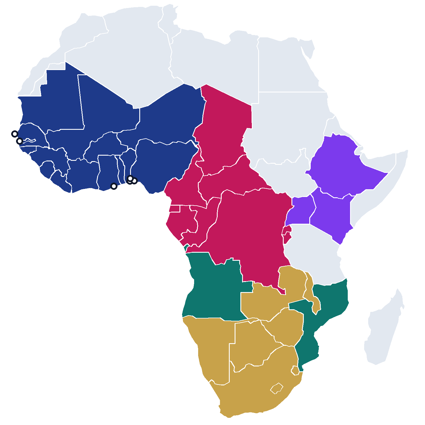 Map of Africa showing the countries where RFLD works in West, Central, Lusophone, Southern and East Africa, with RFLD offices