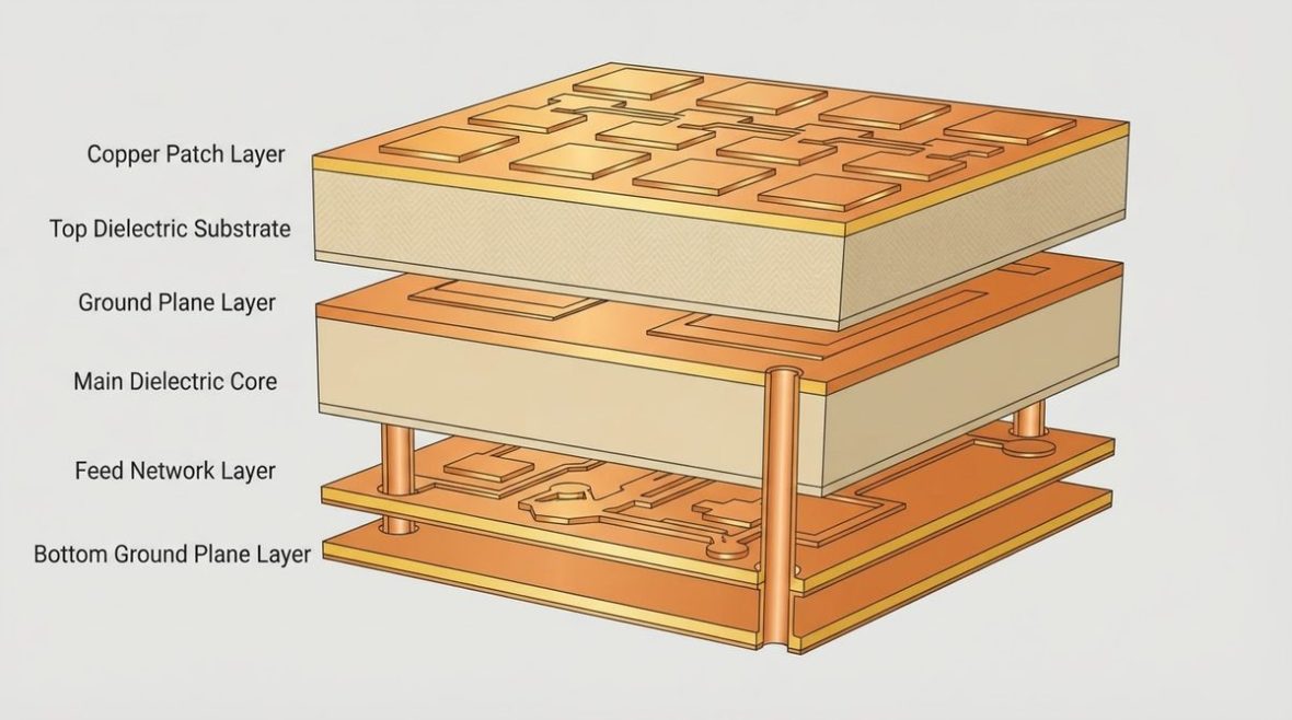 Cross-section of a multilayer antenna array PCB stackup