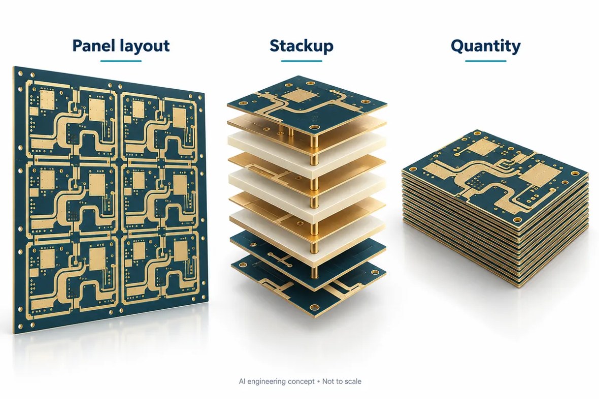 RF PCB panel layout, stackup and quantity cost factors, AI illustration