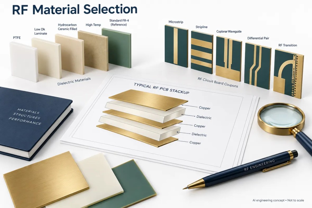 AI concept illustration of RF laminate choices for hybrid PCB planning