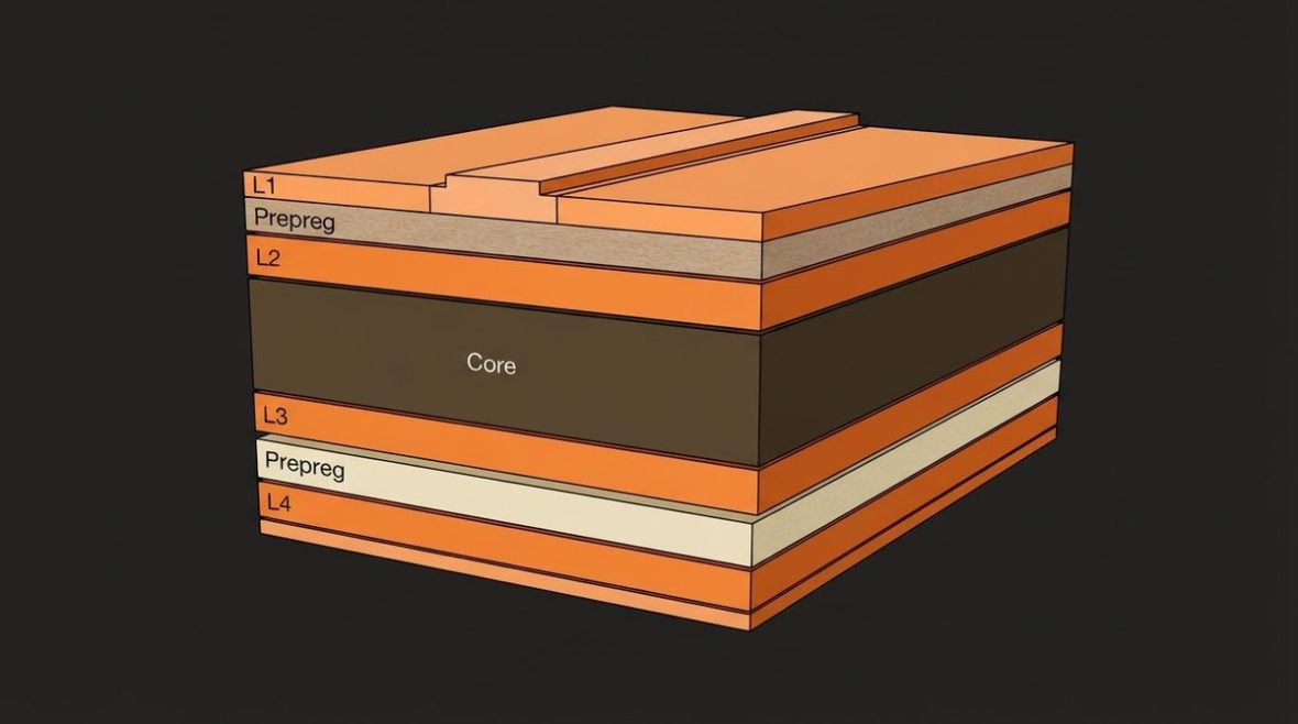 Four-layer FR-4 stackup cross-section for 2.4 GHz RF design