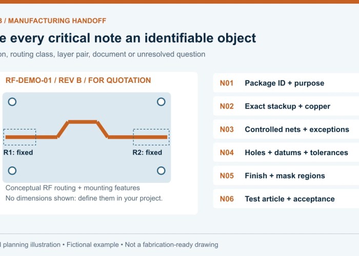 Conceptual RF board with fixed launch regions R1 and R2 beside six fabrication-note categories covering identity, stackup, impedance, holes, surface and testing.