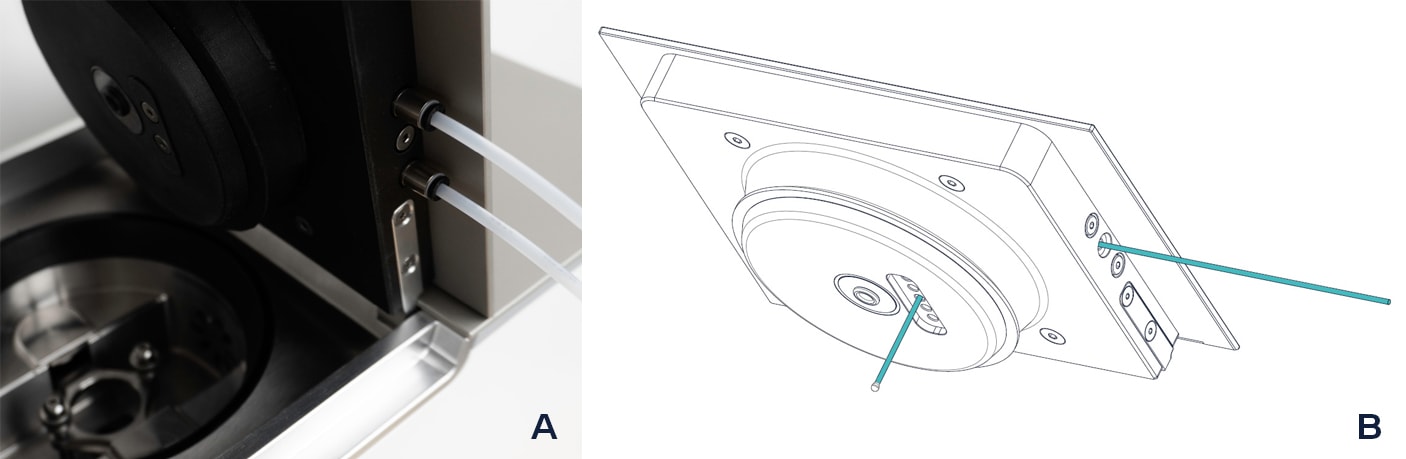 A: Tubes in ElastoSens™ Bio chamber's access channels for gas injection, B: Temperature probe schematic.