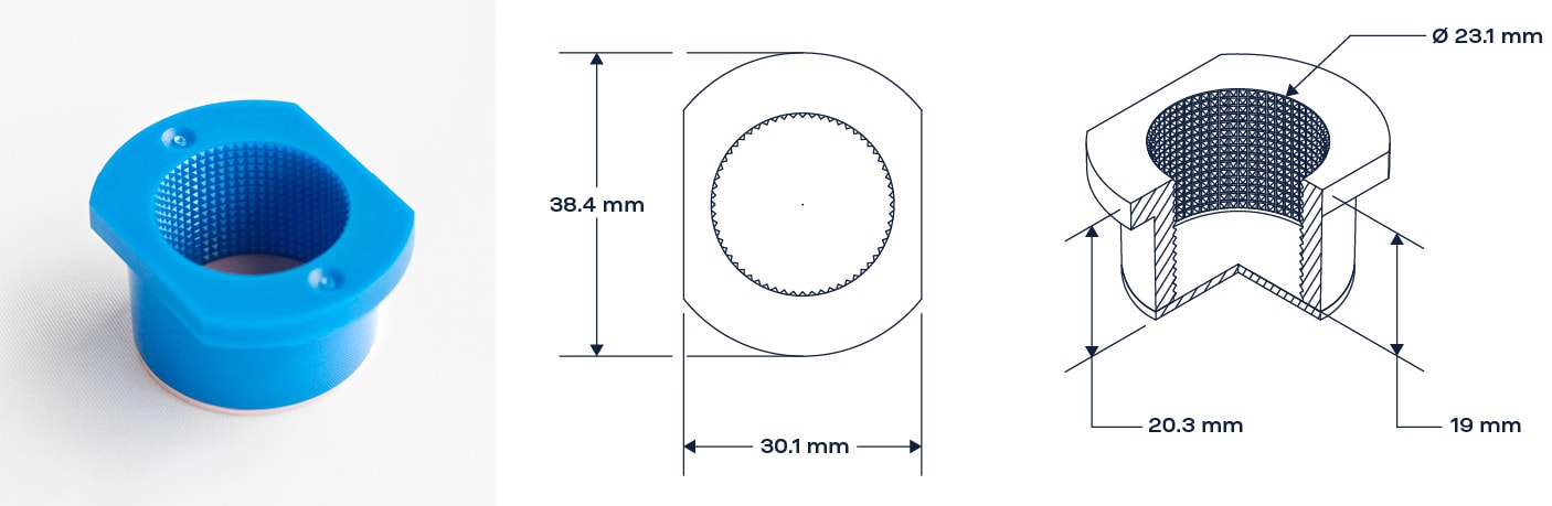 Patented ElastoSens™ Bio sample holder in detailed view.
