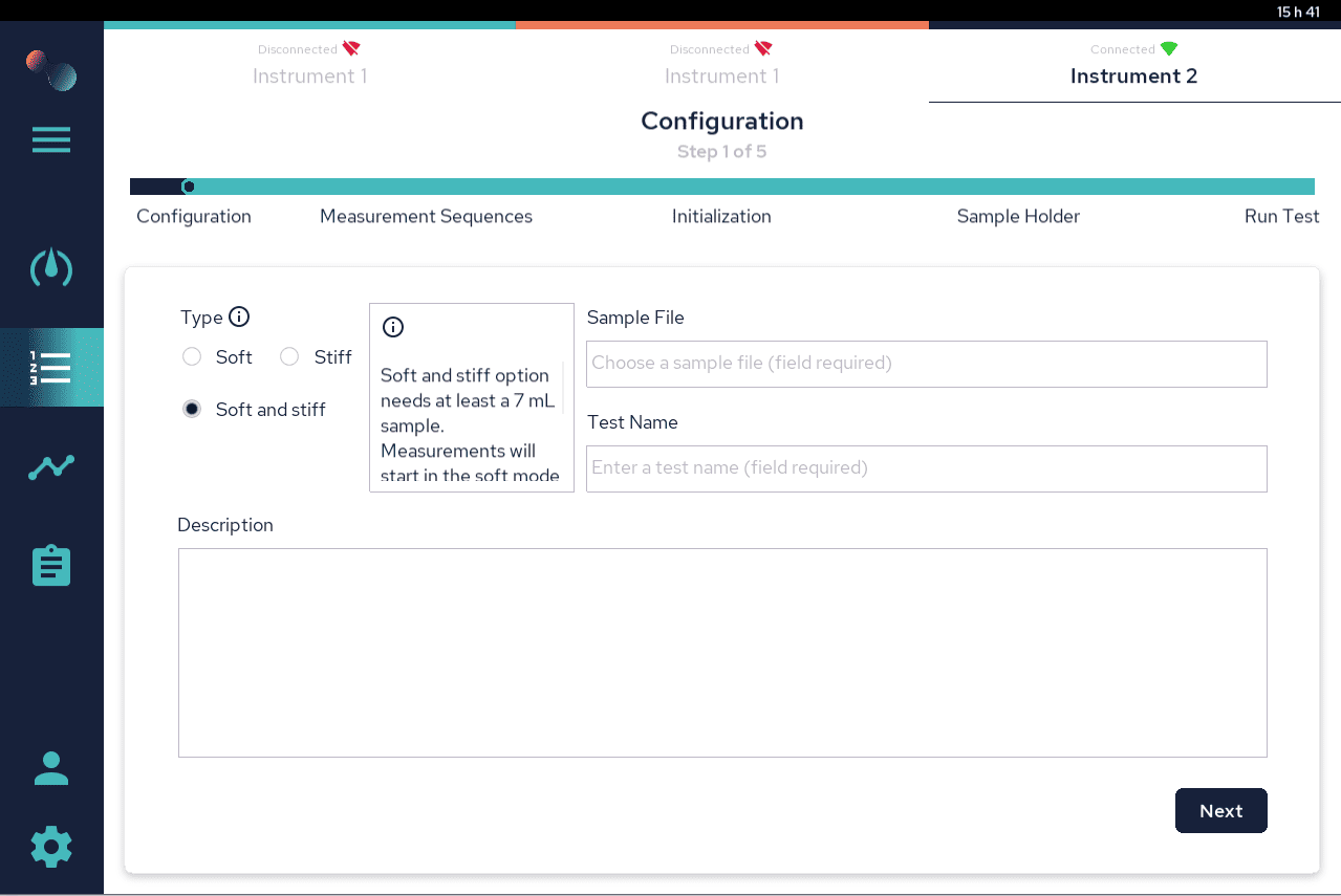 ElastoSens™ Bio App screen showing the testing configuration window.