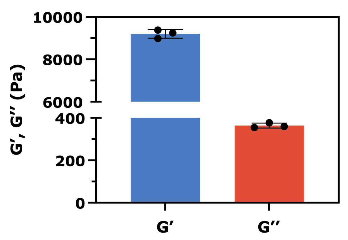Graph: Final viscoelastic moduli at 15 °C (right; storage modulus G′ and loss modulus G″, n = 3)