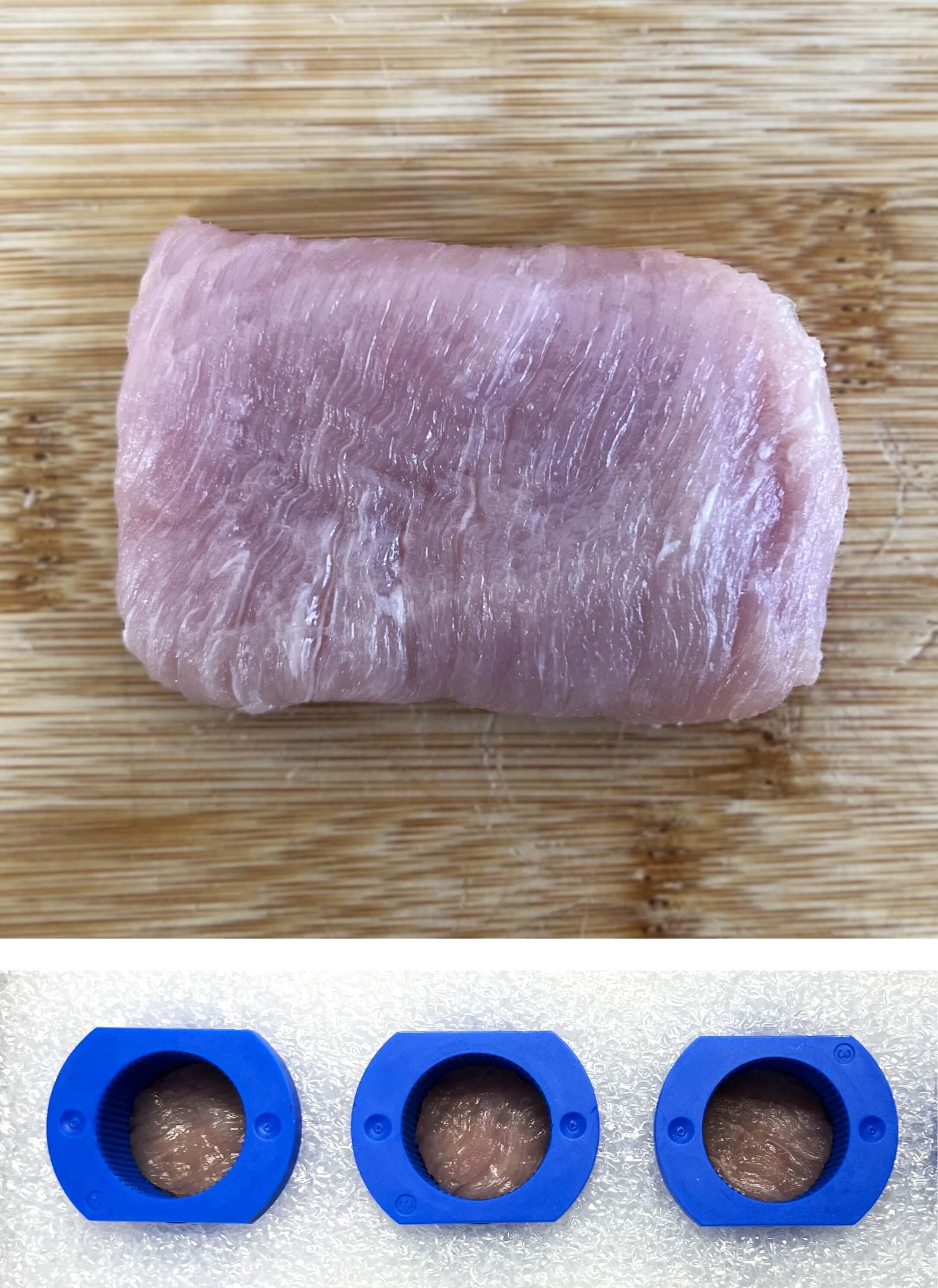 Porcine secondary lean layer tissue prepared and loaded into the ElastoSens™ Bio macro holders for non-destructive viscoelastic characterization. The top panel shows the intact tissue sample prior to sectioning, and the bottom panel shows representative portions placed in the holders for testing.