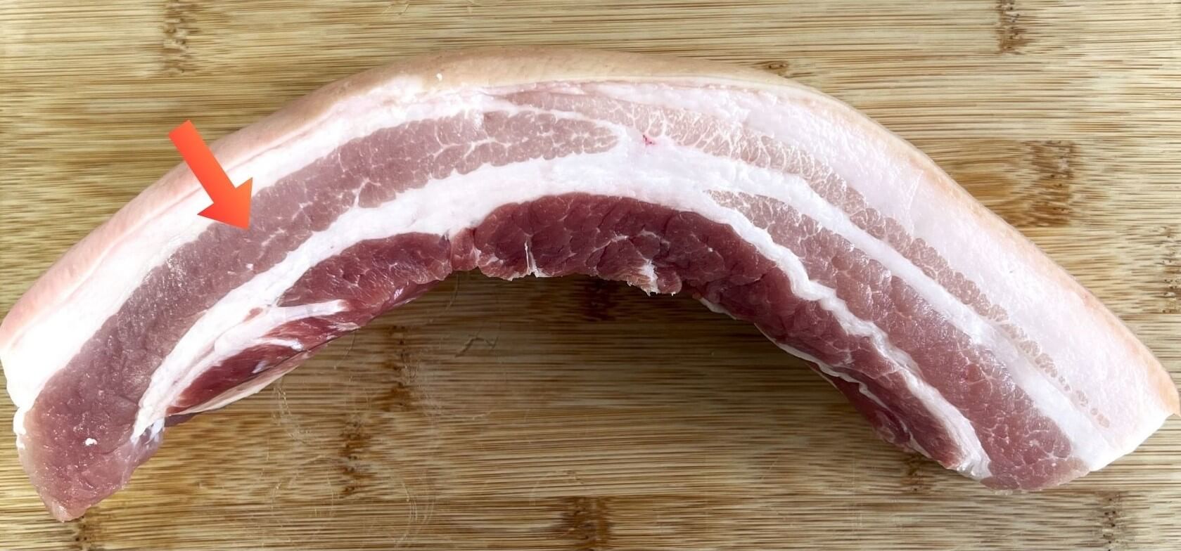 Cross-section of porcine belly tissue used as a surrogate for human breast. The arrow indicates the secondary lean layer, located directly beneath the skin and interleaved with subcutaneous fat.