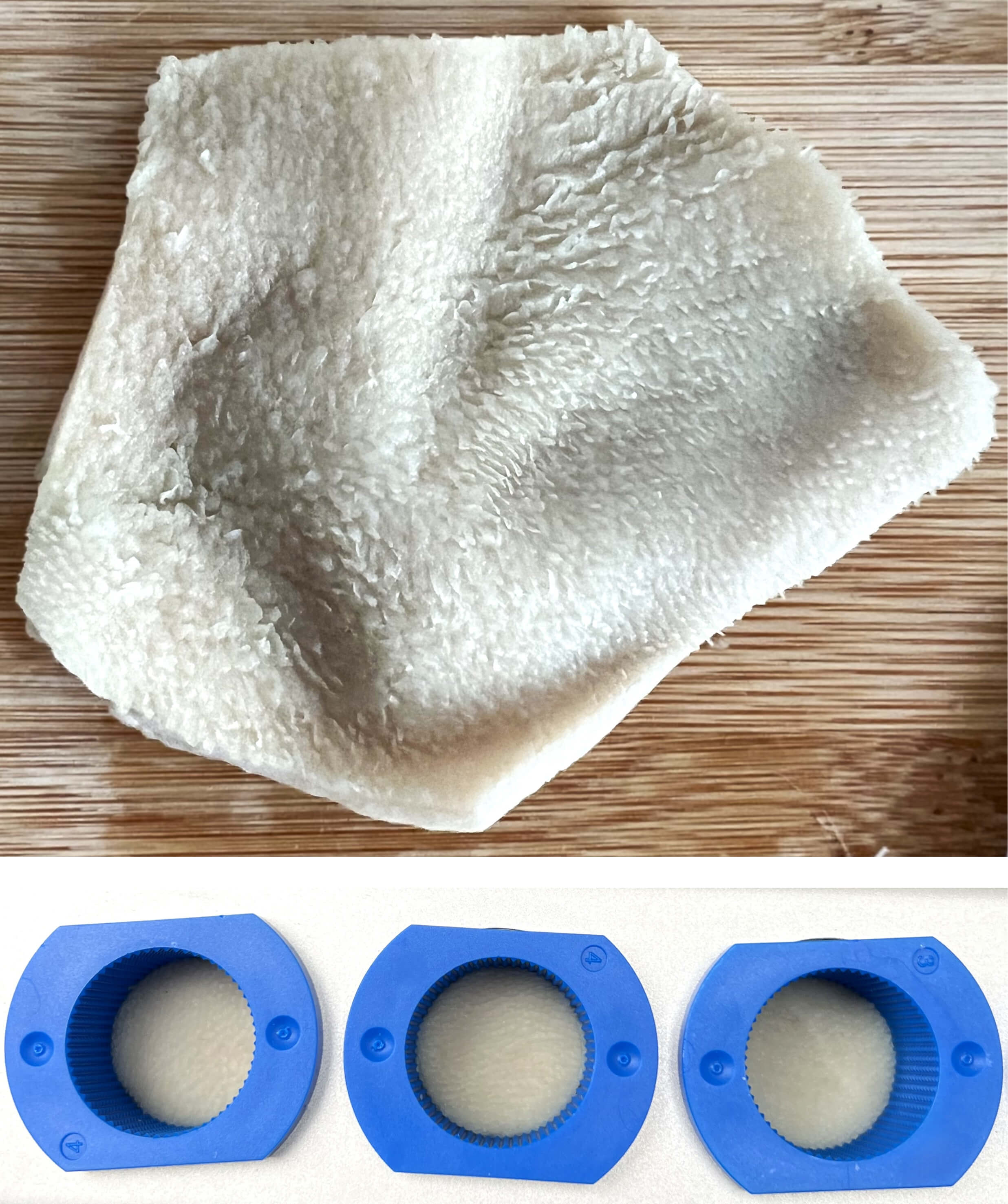 Sheep stomach tissue prepared and loaded into the ElastoSens™ Bio macro holders for non-destructive viscoelastic characterization. The top panel shows the intact stomach sample prior to sectioning, and the bottom panel shows representative spleen portions placed in the holders for testing.
