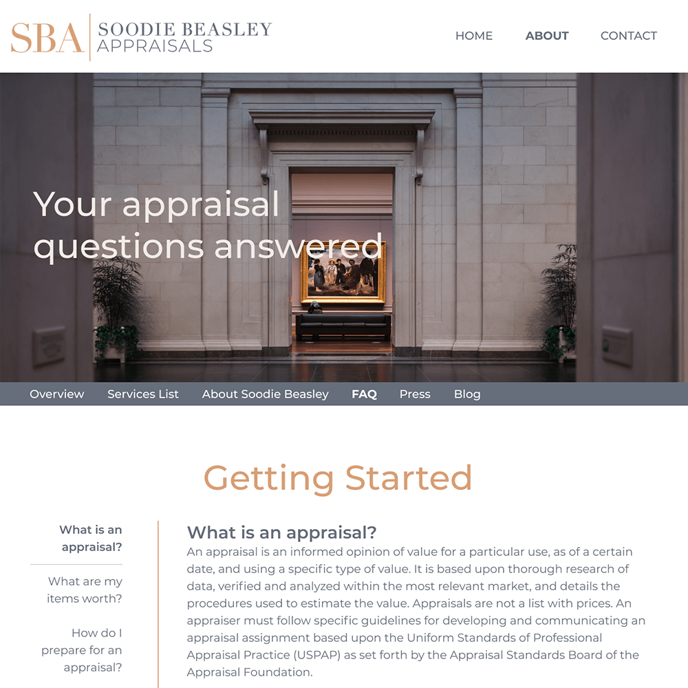 Art appraiser website design FAQ page